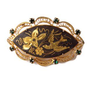 Vintage Damascene Style Filigree and Stones Brooch Bird and Flowers ESJ2742